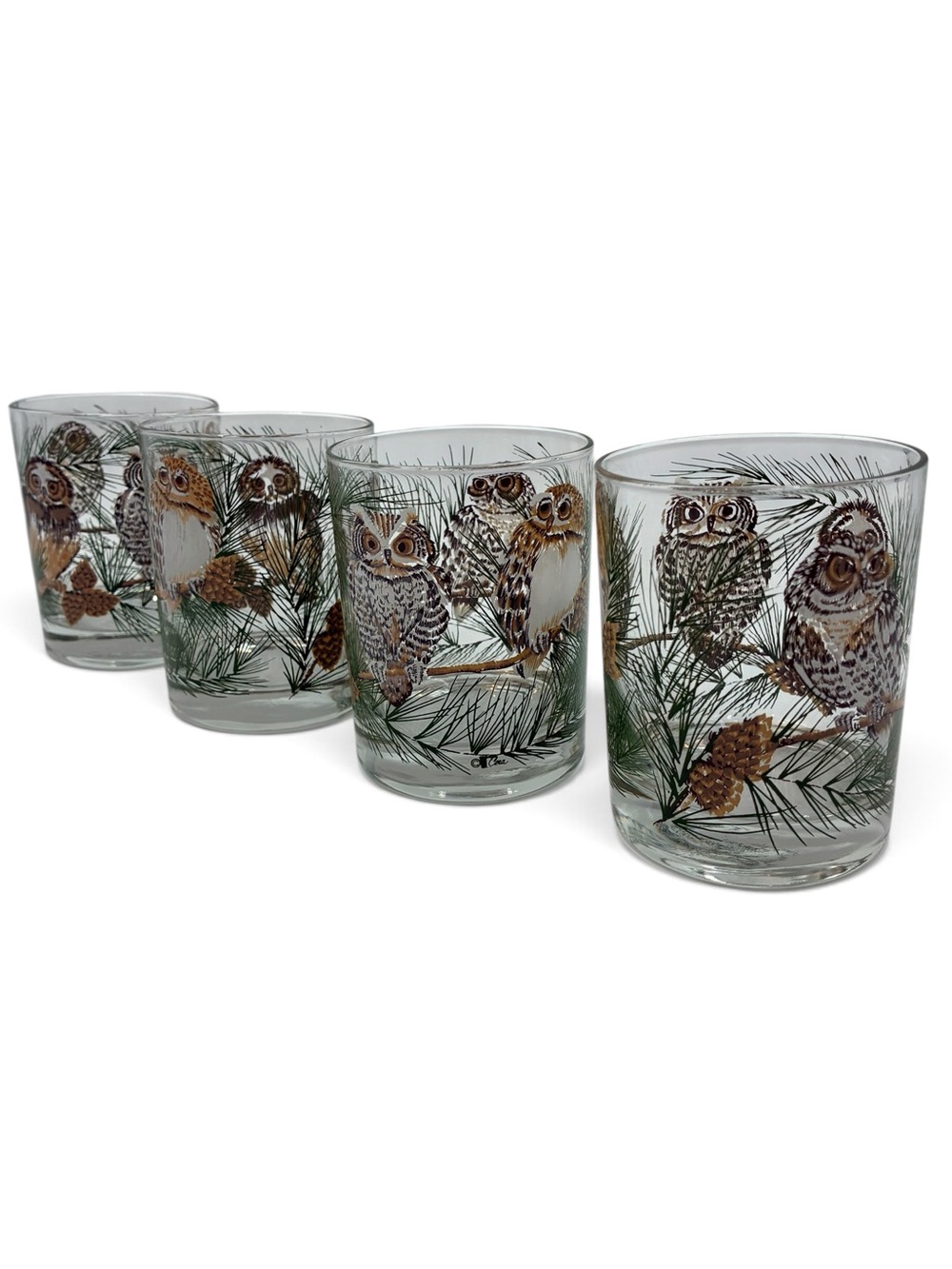 Vintage Cera Glass Horned Owl & Pine Rock Glasses Set of 4 Barware MCM 1970’s